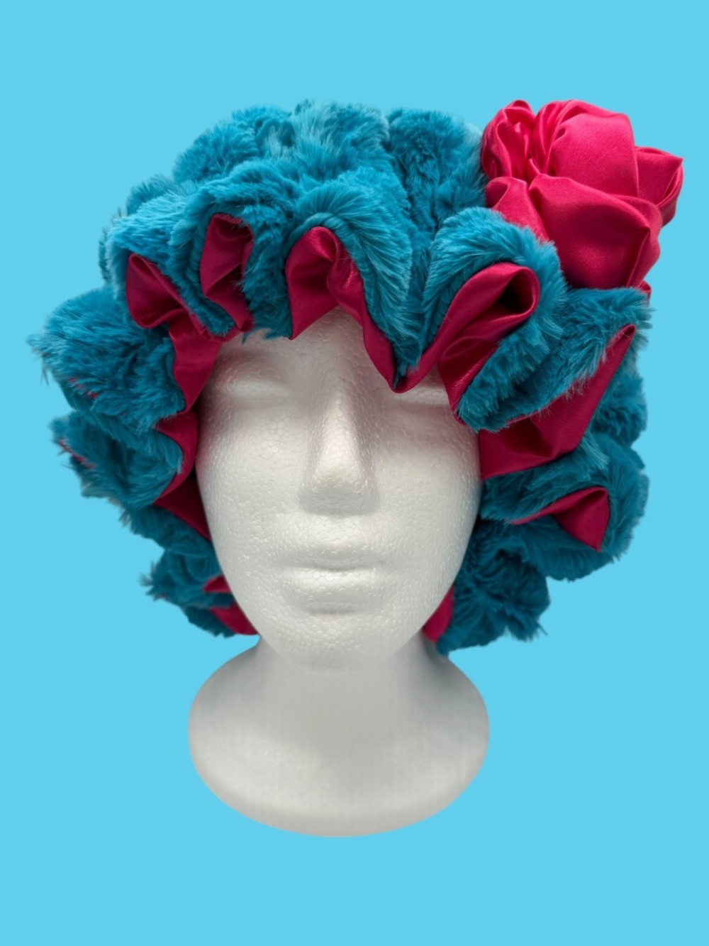 Teal & Fuchsia Plush Ruffle Fur Bonnet